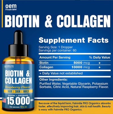 Colagênio líquido oral da biotina do OEM para gotas colagênio e biotina líquidos da saúde do crescimento e da pele do cabelo